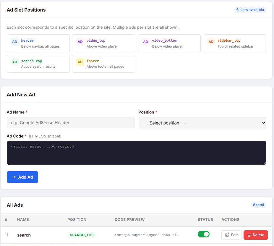 VidBox Ads Manager — Ad slot positions